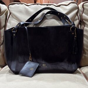 House of Harlow 1960 Elegant Dark Brown Faux Suede Tote with Gold Details